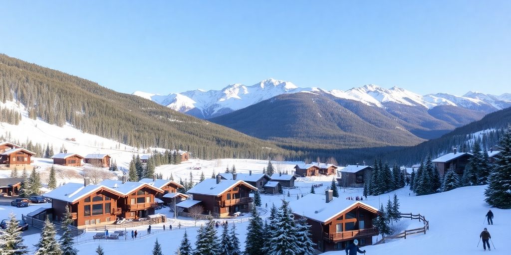 Luxury ski resort with snow-covered mountains and chalets.