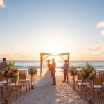 Beau décor de mariage sur la plage avec vue sur l'océan.