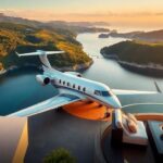 Luxury travel experience with private jet and beautiful scenery.