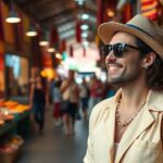 Luxurious traveler at a vibrant local market.