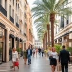 Rua de compras de alto padrão com boutiques de luxo e compradores.