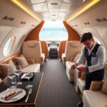 Luxurious travel scene with private jet and beach view.