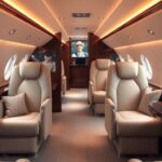 Luxurious private jet interior with elegant seating and decor.