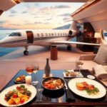 Luxury travel with private jet and gourmet dining.