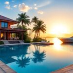 Luxurious beachfront villa with sunset and infinity pool.