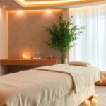 Luxurious spa scene with massage table and candles.