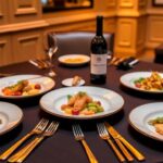 Table à manger élégante avec des plats gastronomiques et du vin.