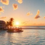 Luxuriöses tropisches Resort mit Strand und Sonnenuntergang.