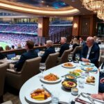 Luxury suite at an iconic sports event with guests.