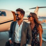 Luxury travel with a private jet and elegant couple.