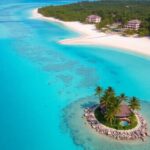 Aerial view of a luxury private island retreat.