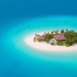 Aerial view of a luxurious private island.