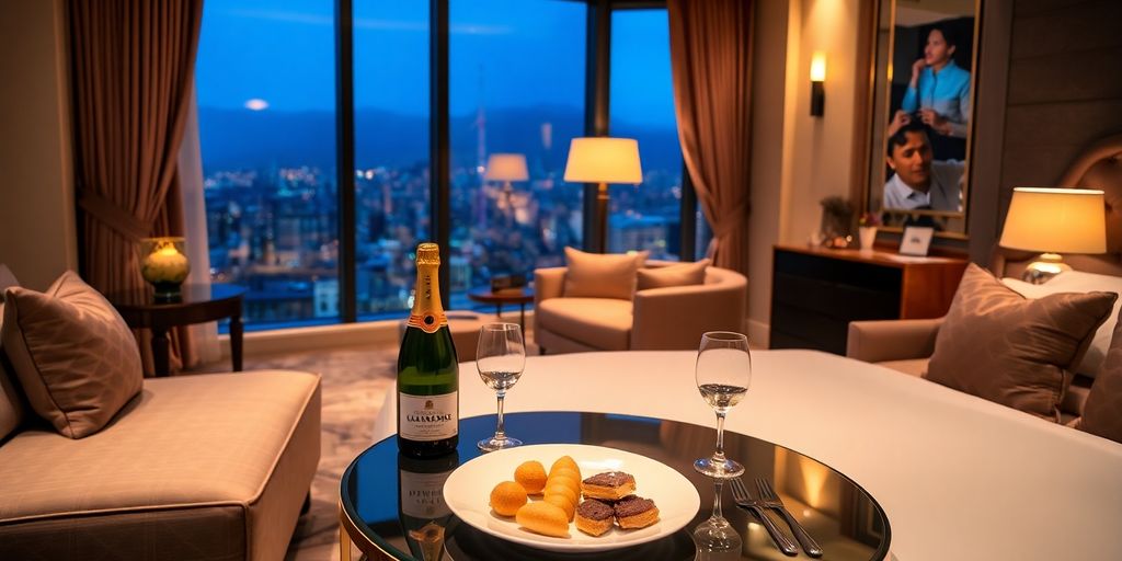 Luxuriöse Hotelsuite mit Stadtblick und eleganter Einrichtung.