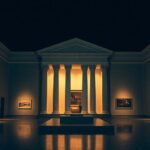 Galería de museo vacía por la noche con iluminación suave.