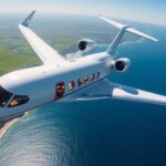 Privatjet, der über malerische Landschaften während luxuriöser Reisen fliegt.