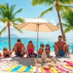 Família desfrutando de férias de luxo na praia com crianças.