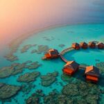 Aerial view of luxurious overwater bungalows at sunset.