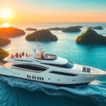 Luxurious yacht in tropical waters at sunset.