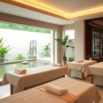 Luxurious spa treatment room with calming ambiance and decor.