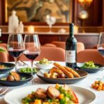 Mise en place élégante avec de la nourriture gastronomique et du bon vin.