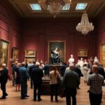 Des collectionneurs admirant de l'art rare dans une galerie luxueuse.