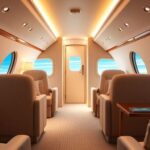 Luxurious private jet interior with plush seating and decor.