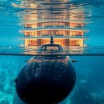 Submarino de luxo e hotel subaquático em oceano claro.