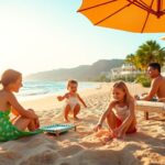 Família desfrutando de férias de luxo em um resort de praia.