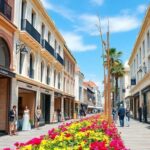 Rua de compras de alto padrão com boutiques de luxo e compradores elegantes.