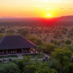 Luxurious safari lodge in African wilderness at sunset.