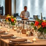 Mesa de jantar elegante com comida gourmet e decoração floral.