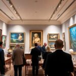 Elegant art gallery filled with rare artworks and collectors.