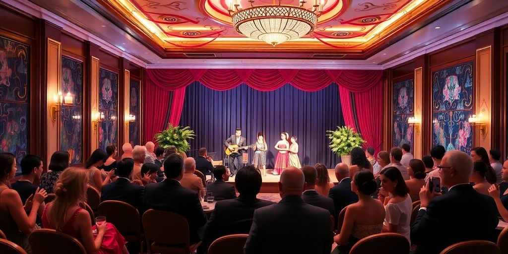 Elegant guests at a private cultural performance with dancers.