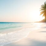 Secluded beach with white sand and clear blue water.