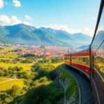 Trem de luxo viajando por belas paisagens europeias e asiáticas.