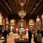 Elegant art gallery with collectors admiring rare artworks.