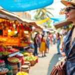 Wealthy traveler at a colorful local market.