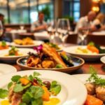 Des plats élégants étoilés Michelin magnifiquement disposés sur une table.