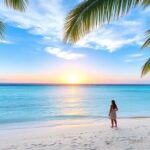 Secluded beach at sunset with palm trees.