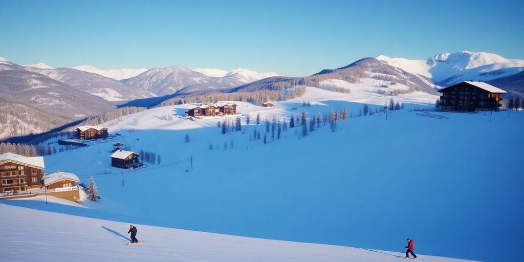 Resort de esqui de luxo com encostas cobertas de neve e chalés.