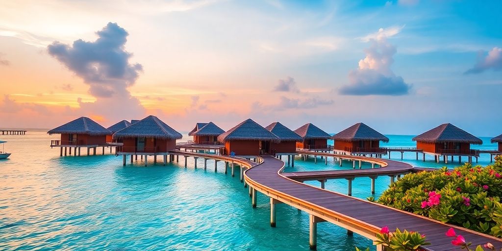 Luxurious overwater bungalows at sunset in tropical waters.