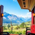 Luxurious train journey through beautiful landscapes.