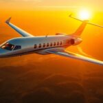 Jet privé de luxe survolant un magnifique paysage au coucher du soleil.