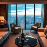 Luxury hotel suite with elegant decor and city view.