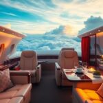 Voyage de luxe avec un jet privé et un intérieur élégant.