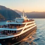 Luxury cruise ship amid scenic landscapes and adventure.