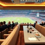 Luxury suite at a sports event with elegant attendees.