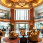 Luxurious resort lobby with elegant decor and plush seating.