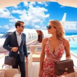 Luxury travel with private jet and beautiful beach.