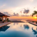 Private villa with infinity pool and beautiful sunset.